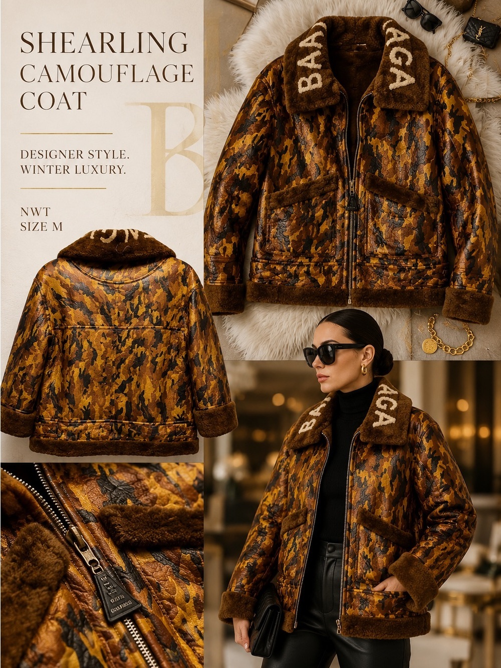 Shearling Camo Leather Jacket Brown Teddy Coat NWT Size M